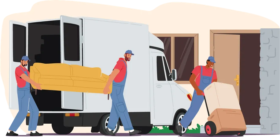 Trabajador llevando cajas y descargando camión.  Ilustración