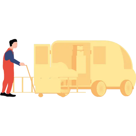 Trabajador cargando mercancías en camión  Ilustración