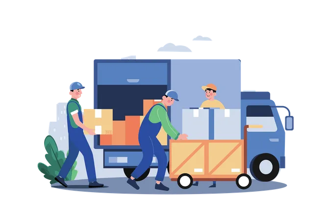 Trabajador cargando paquetes en el camión  Ilustración