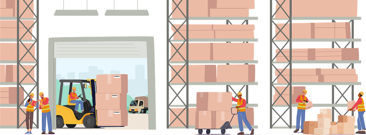 Trabajador cargando y apilando cajas con montacargas  Ilustración