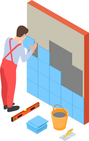 Trabajador colocando azulejos en la pared  Ilustración