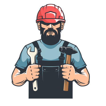 Trabajador con casco mecánico sostiene un martillo y una llave inglesa  Ilustración