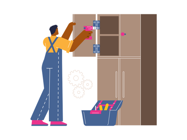 Trabajador con taladro trabajando en el montaje de muebles de madera.  Ilustración