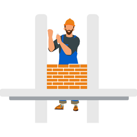 Trabajador construyendo pared de ladrillos  Ilustración