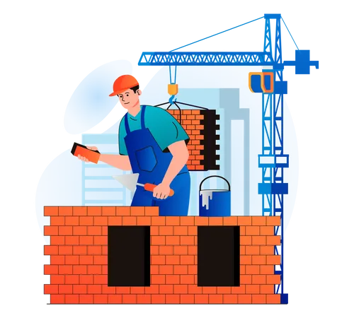 Trabajador construyendo muro usando ladrillos  Ilustración