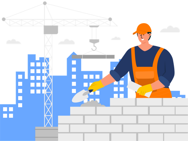 Trabajador construyendo muro usando ladrillos  Ilustración