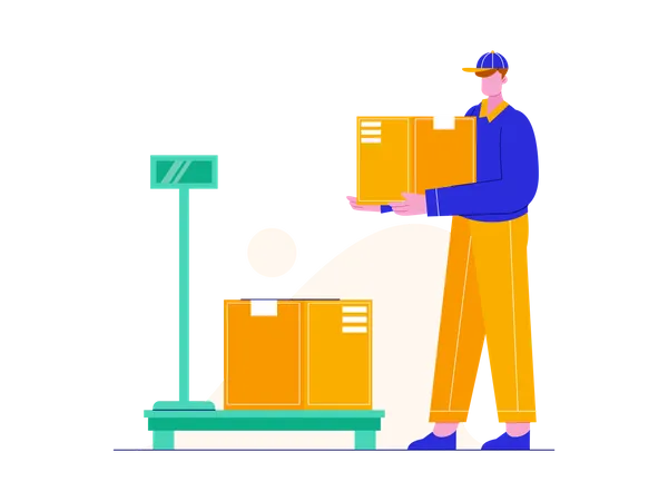 Trabajador de almacén comprobando el peso de la caja de entrega  Ilustración