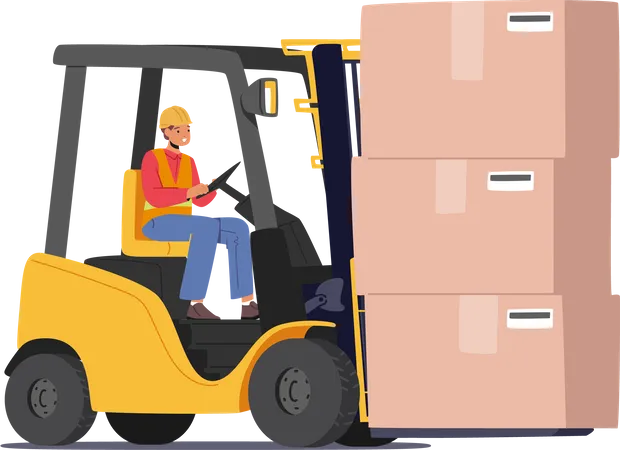 Trabajador de almacén conduciendo carretilla elevadora con cajas de cartón  Ilustración