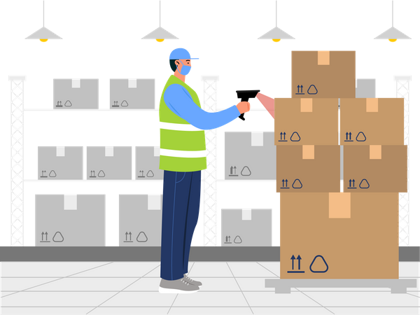Trabajador de almacén escaneando el código de barras del paquete  Ilustración