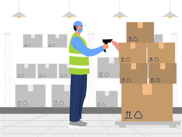 Trabajador de almacén escaneando el código de barras del paquete  Ilustración