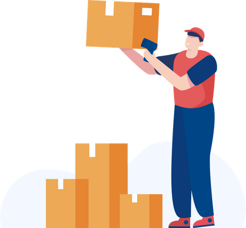 Trabajador de almacén escaneando el código de barras del paquete y organizando cajas  Ilustración