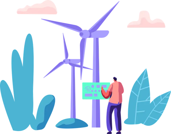 Trabajador de campo de energía eólica y energía sostenible  Ilustración