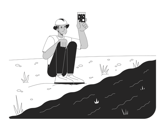 Trabajador de campo probando la calidad del agua del río  Ilustración