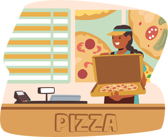 Trabajador de comida rápida sosteniendo una caja de pizza abierta en el mostrador. La escena muestra una caja registradora y un empleado sonriente  Illustration