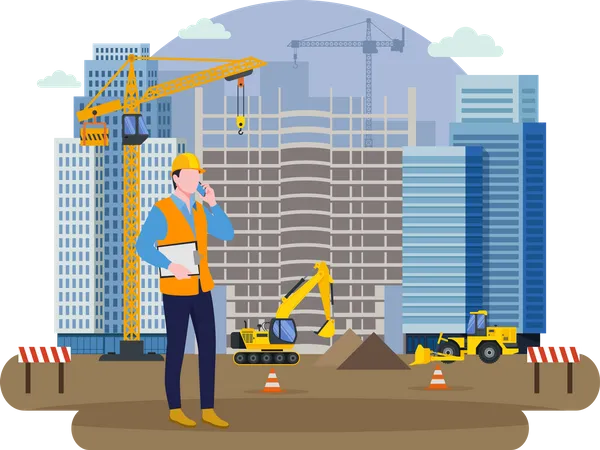 Trabajador del sitio de construcción charlando por teléfono  Ilustración