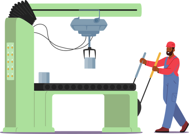 Trabajador de fábrica administrar máquina automatizada en detalles de productos de fabricación  Ilustración