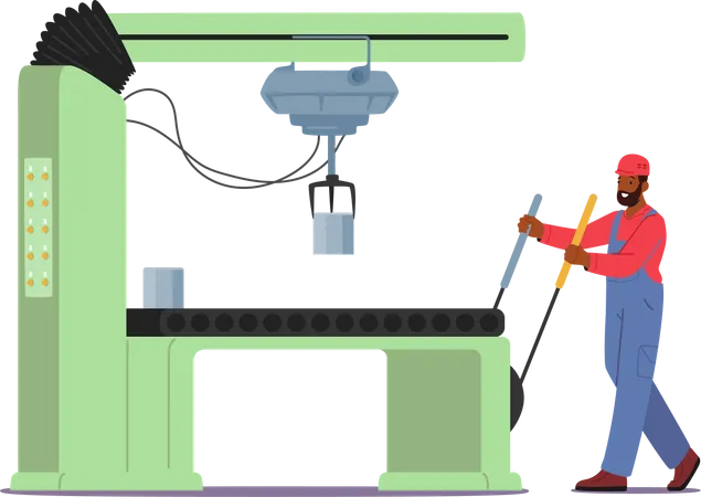 Trabajador de fábrica administrar máquina automatizada en detalles de productos de fabricación  Ilustración