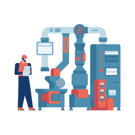 Industria inteligente Trabajador de fábrica o ingeniero trabaja en planta  Ilustración