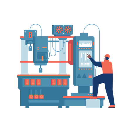 Industria inteligente Trabajador de fábrica o ingeniero que trabaja en máquinas industriales  Ilustración