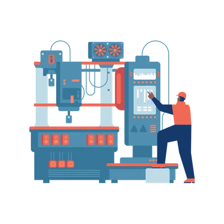 Industria inteligente Trabajador de fábrica o ingeniero que trabaja en máquinas industriales  Ilustración