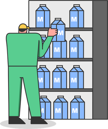 Trabajador de fábrica organizando productos lácteos en rack  Ilustración