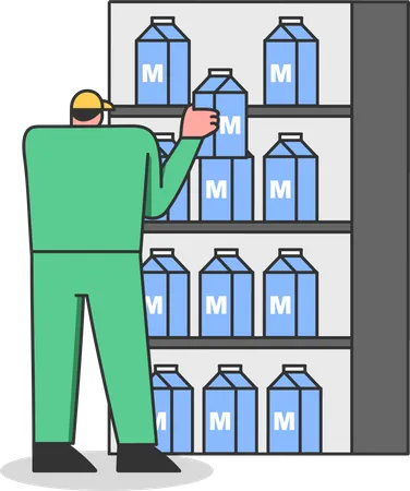 Trabajador de fábrica organizando productos lácteos en rack  Ilustración