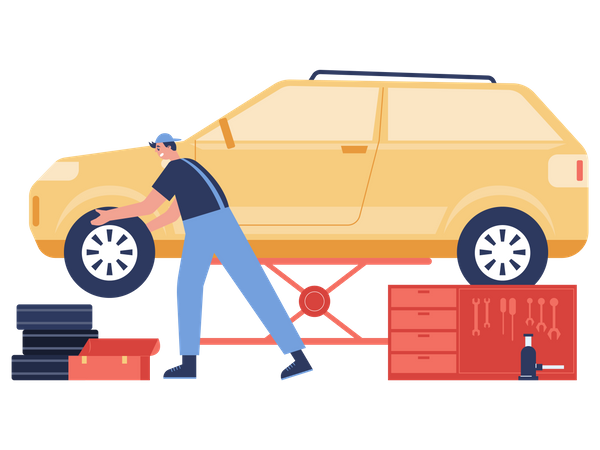 Trabajador de garaje cambiando neumáticos de coche  Ilustración