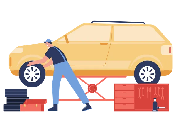 Trabajador de garaje cambiando neumáticos de coche  Ilustración