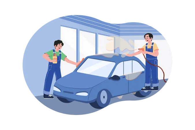 Trabajador de garaje masculino limpiando el coche  Ilustración
