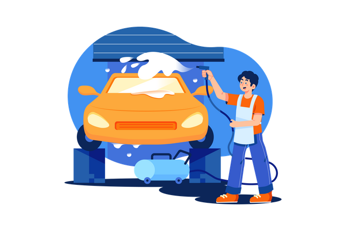 Trabajador de garaje limpiando coche  Ilustración