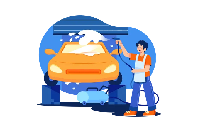 Trabajador de garaje limpiando coche  Ilustración