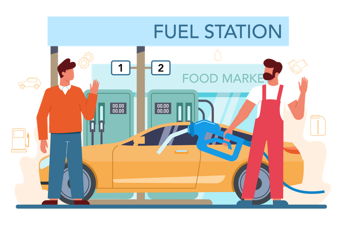 Trabajador de gasolinera llenando gasolina en el coche  Ilustración