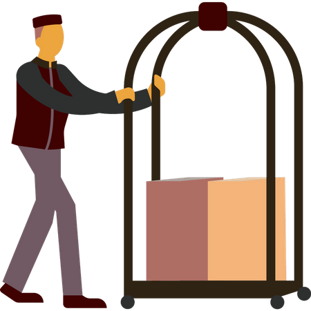 Trabajador del hotel empujando el carrito de equipaje  Ilustración