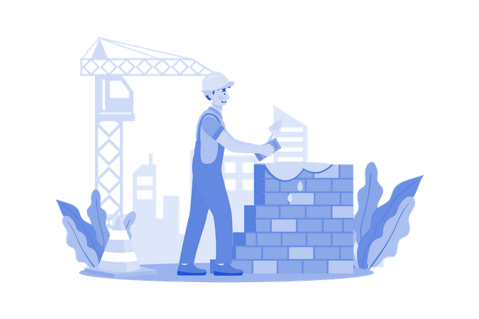 Trabajador de la construcción coloca ladrillos para la construcción de muros  Ilustración