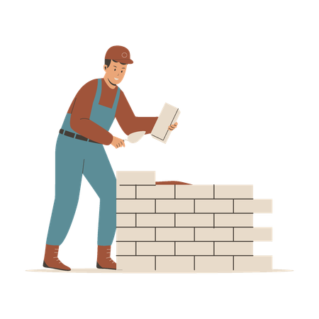 Trabajador de la construcción coloca pared de ladrillo  Ilustración