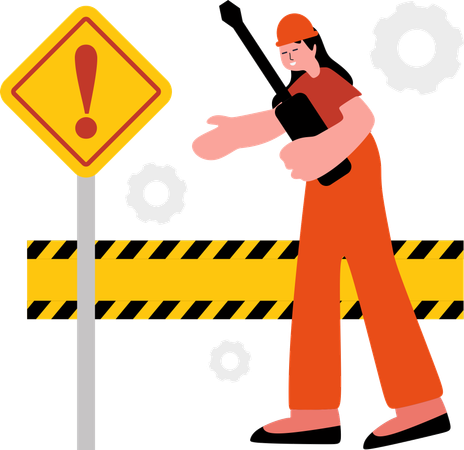 Trabajador de la construcción con señal de precaución  Ilustración