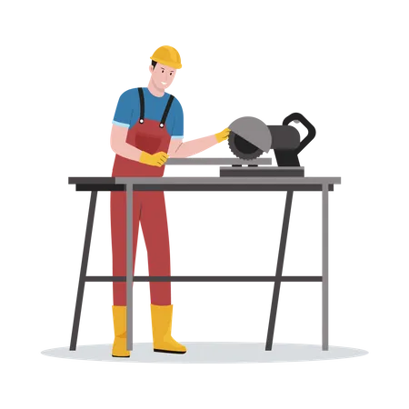 Trabajador de la construcción cortando varillas de metal  Ilustración