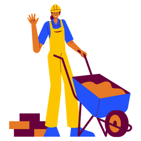 Trabajador de la construcción empujando una carretilla  Ilustración