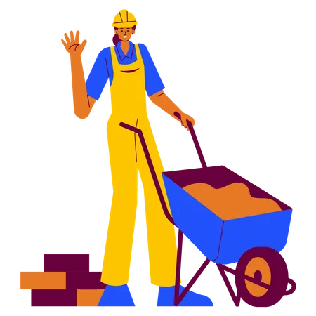Trabajador de la construcción empujando una carretilla  Ilustración