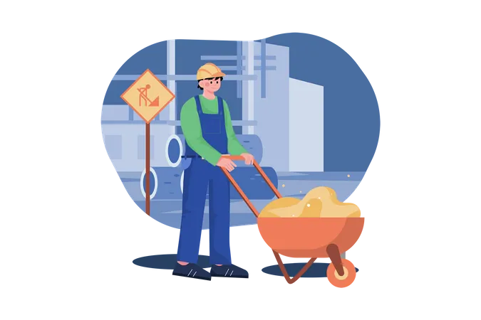 Trabajador de la construcción empujando un carro de arena  Ilustración