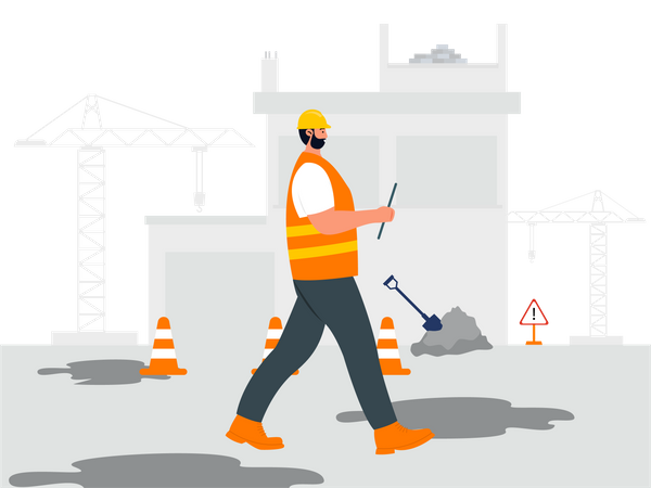Trabajador de la construcción en el sitio de construcción  Ilustración