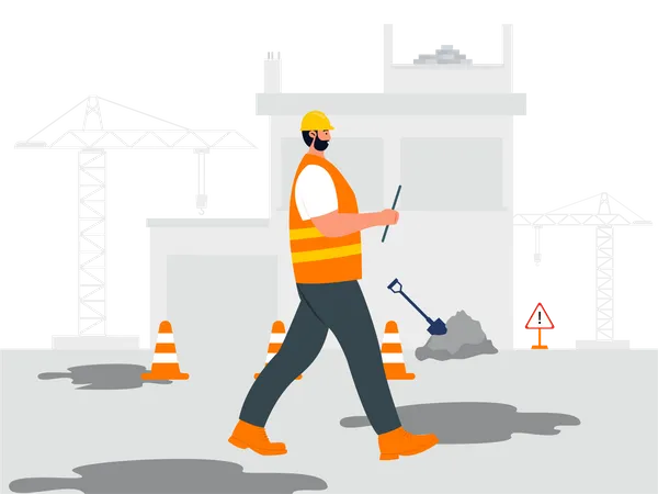 Trabajador de la construcción en el sitio de construcción  Ilustración