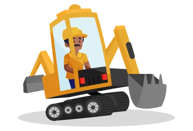 El trabajador de la construcción está sentado en una máquina excavadora  Ilustración