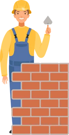 Trabajador de la construcción haciendo pared  Ilustración