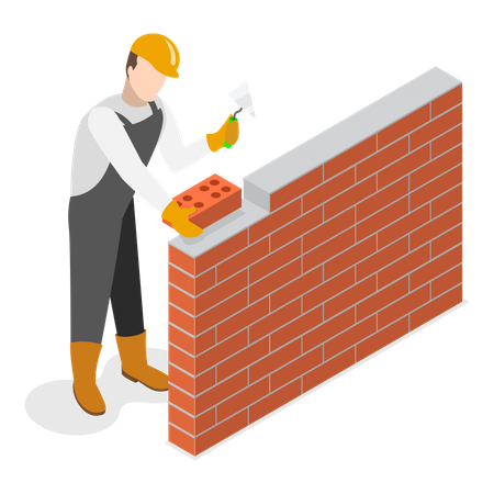 Trabajador de la construcción haciendo una pared de ladrillos  Ilustración