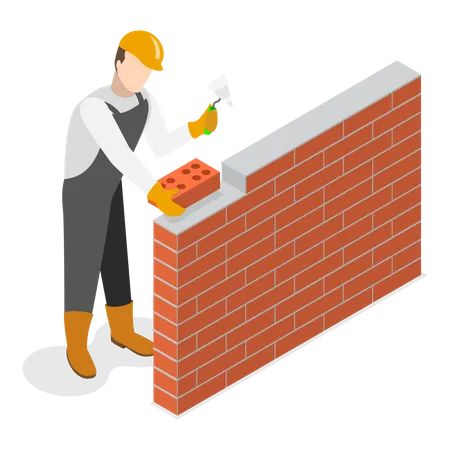 Trabajador de la construcción haciendo una pared de ladrillos  Ilustración