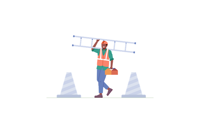 Trabajador de la construcción moviéndose con escalera  Ilustración