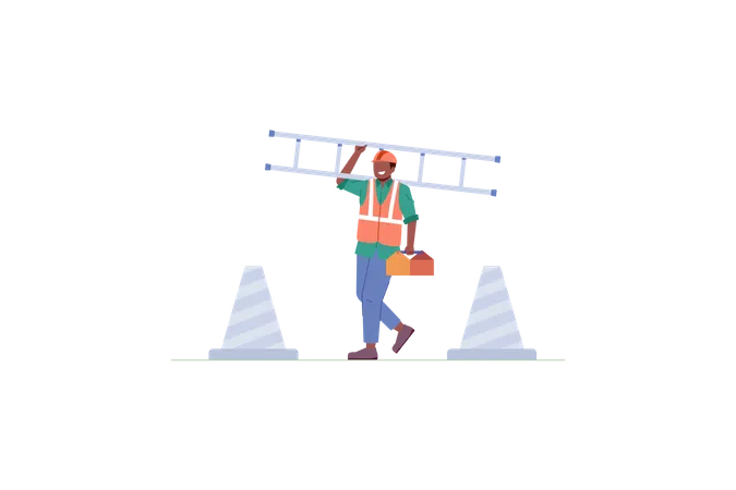 Trabajador de la construcción moviéndose con escalera  Ilustración