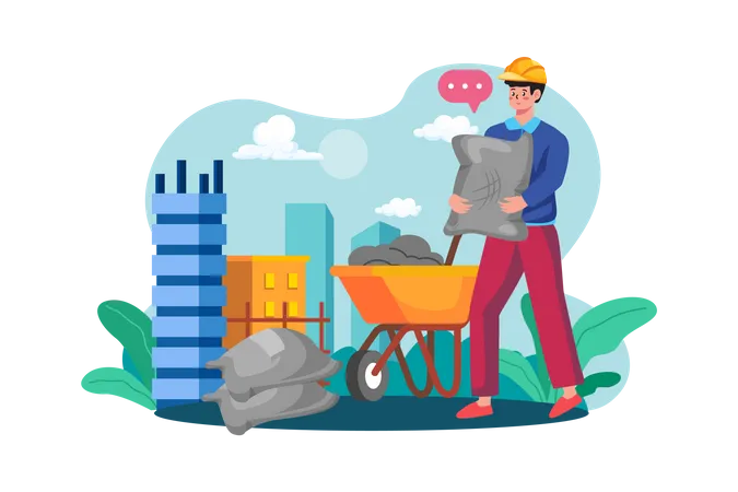 Trabajador de la construcción sosteniendo una bolsa de cemento  Ilustración