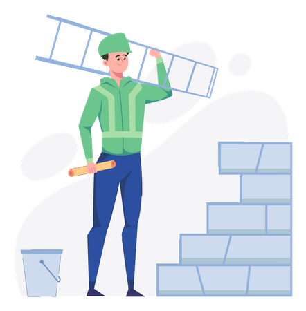 Trabajador de la construcción sosteniendo escalera y plan  Ilustración